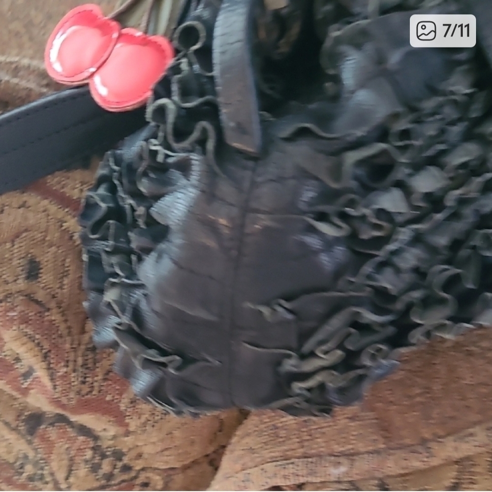 Moschino Black Italian Leather Ruffled Shoulder Bag with Cherry Key Chain - Picture 6 of 10
